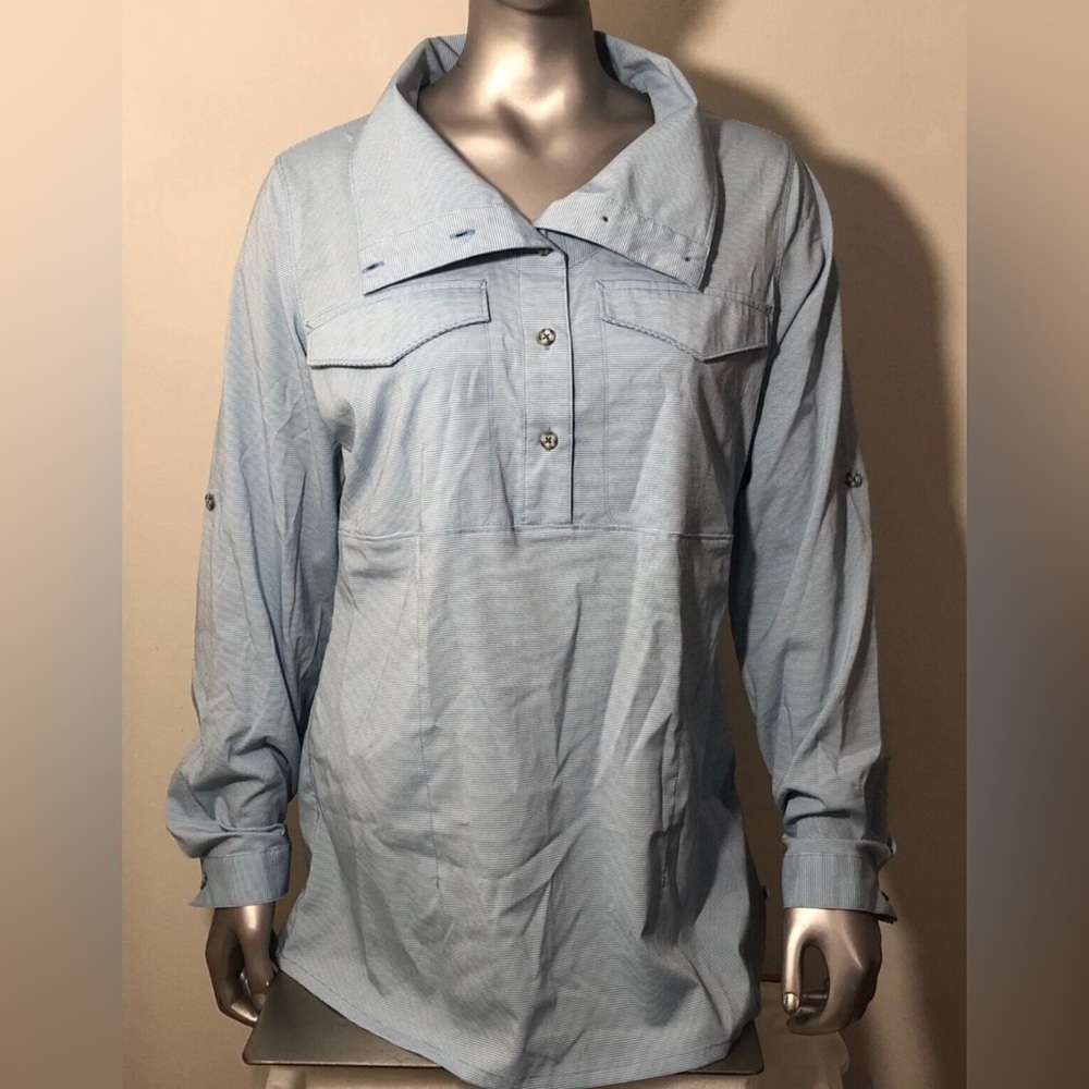 Mountain Hardware Women Citypass Popover Shirt Cowl Neck Blue Stripe Size S